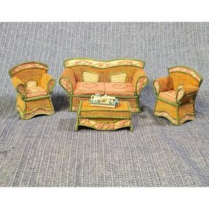 Vintage Miniature Dollhouse Furniture and Miniature Tea Set